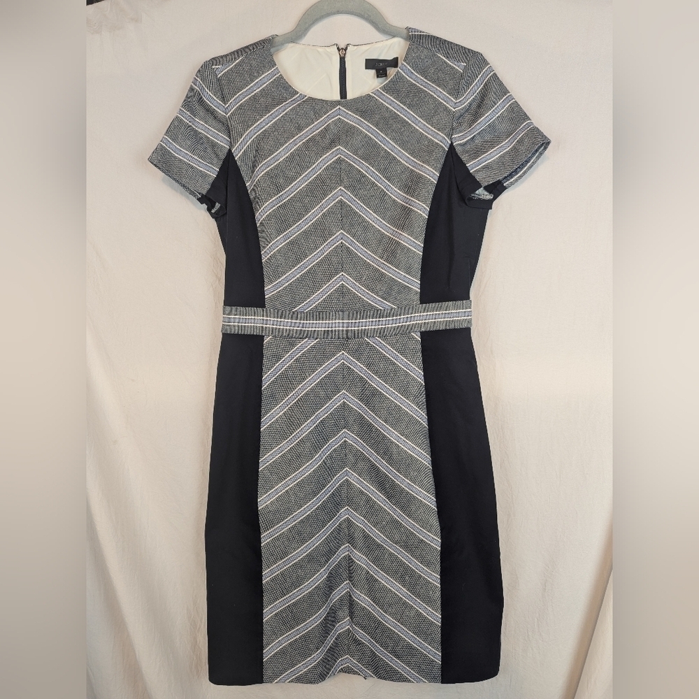 J Crew Pencil Dress Size 6 Navy/White/Blue Short Sleeve Midi Length 55% Linen